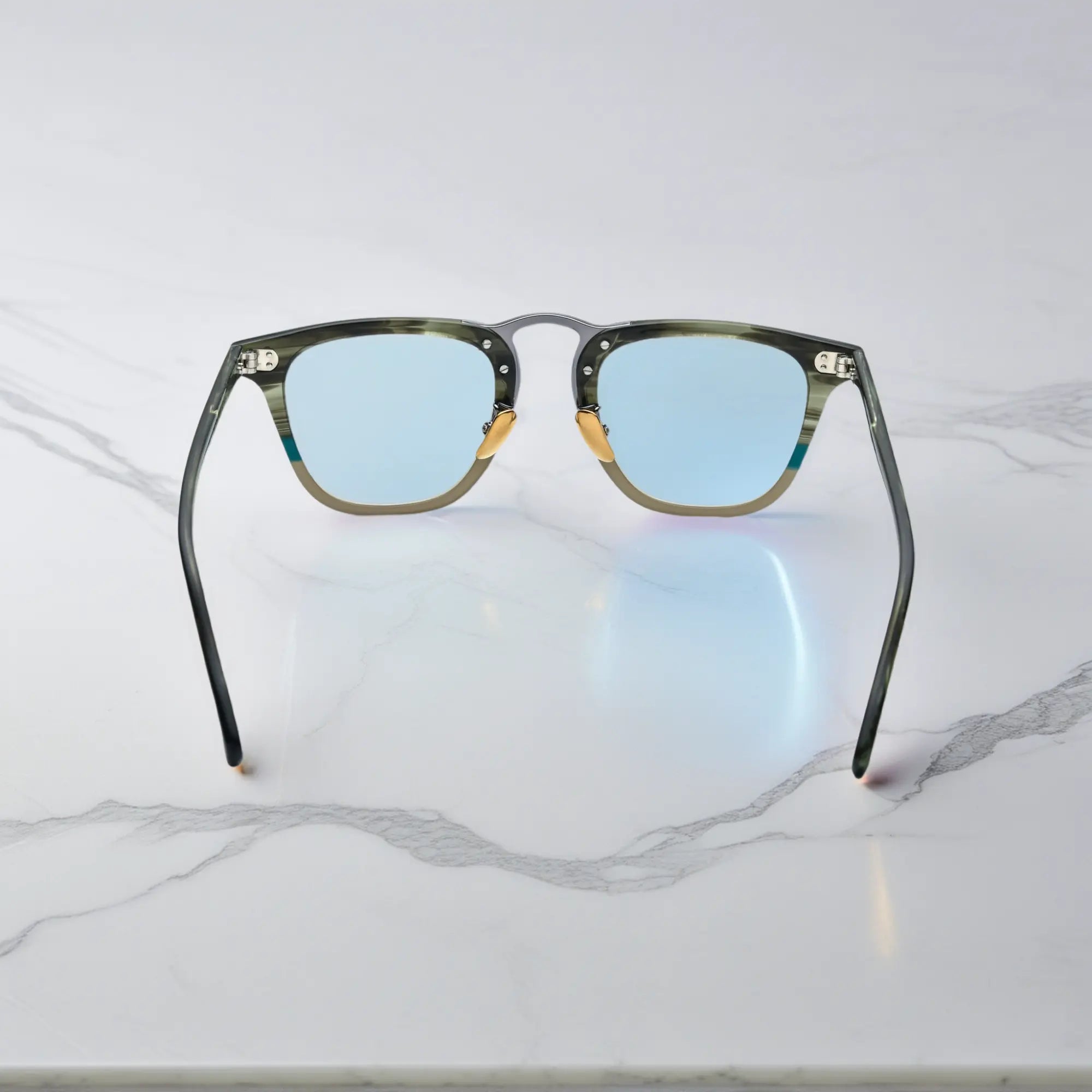 Rear shot of VoyueLens™ VL19214 olive striped square eyeglasses displaying curved arms and lightweight back view design.